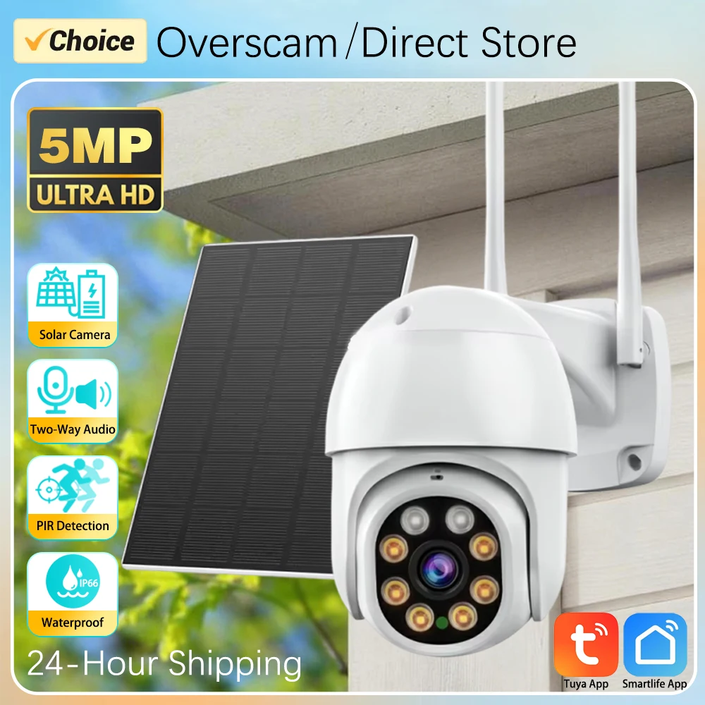 

5MP Tuya Wifi Solar PTZ Camera Outdoor PIR Detection Battery Powered CCTV Surveillance Security Camera Wireless 360° PTZ Control
