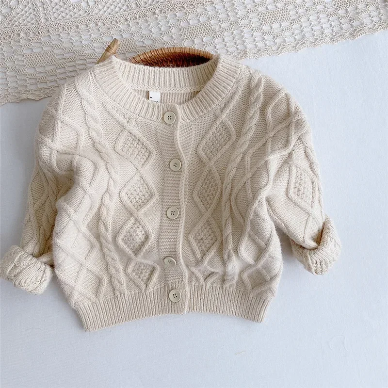 Children Solid Color Knitted Cardigan Korean Style Toddler Kids Long Sleeve O-neck Coat Baby Boys All-match Sweater Tops 6M-5Y