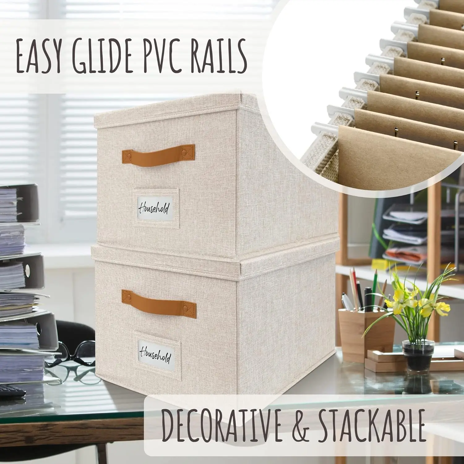 Collapsible File Organizer Box Set of 2 with Handles and Lid for Hanging Files, Portable Fabric Storage for Legal and Letter view 4