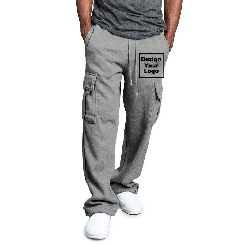 Men's Customize DIY Logo Cargo Pants Fleece Loose Drawstring Pockets Sports Winter Straight Trousers Jogging Long Hip Hop Pants