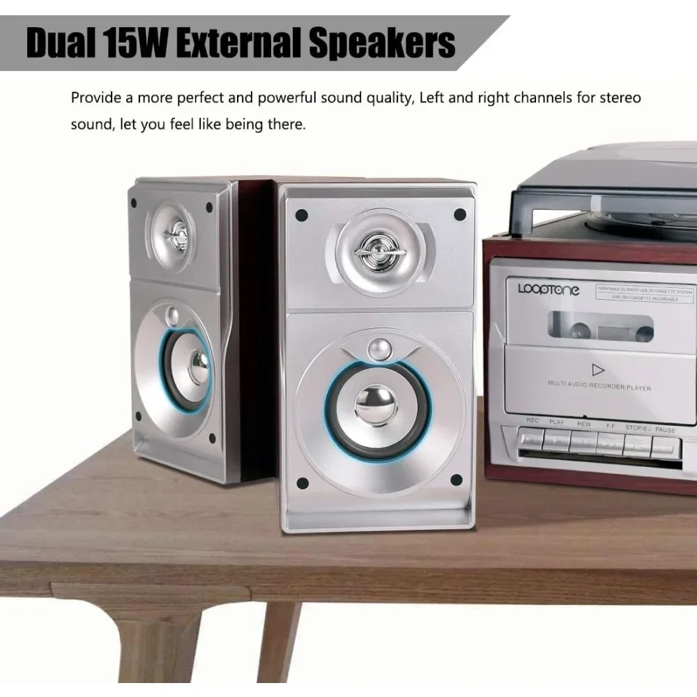 US Shipping Vintage 3 Speed Bluetooth Turntable 9 in 1 Record Player with CD Cassette Player AM FM Radio USB Recorder Aux