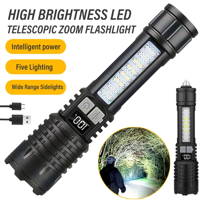 Rechargeable LED Hands-Free Flashlight, Portable Flashlight with Telescopic Zoom and Power Indicator Light, Five Lighting Modes