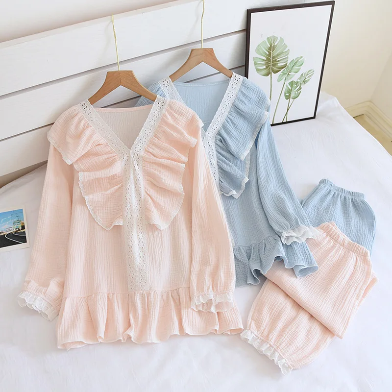 

2024 New Spring And Summer Style Two-piece Pajamas Ladies V-neck Lace Cotton Crepe Long-sleeved Trousers Cute Home Service Set