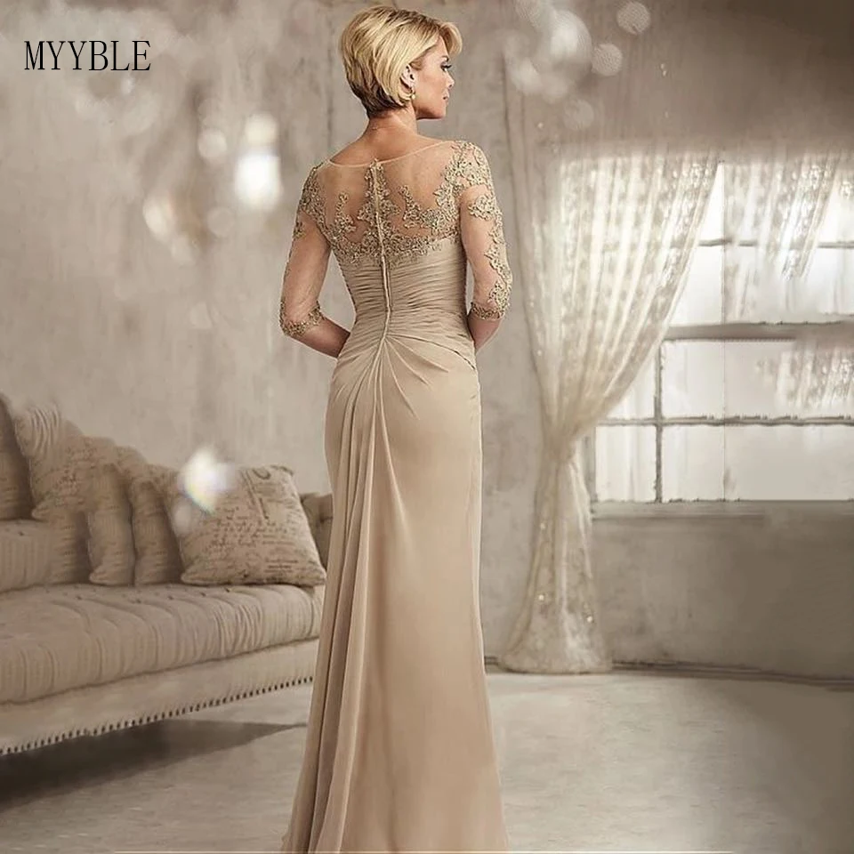 Customized Mother Of The Bride Dresses Champagne Long Sleeves Side Split Wedding Party Dress 2022 Vestidos De Novia Custom Made