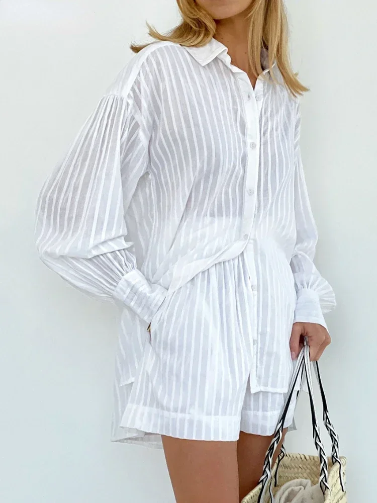 Blubelle – ensemble short décontracté en Jacquard rayé, 2 pièces, chemise confortable à revers, manches lanternes, tenue d'été, taille élastique, costumes