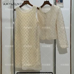 2025 Autumn New Thai Sleeveless Dresses Sequined Pearl Bead Vest Dress Cardigan Long-sleeved Top Jacket O-neck Slimming Vestidos