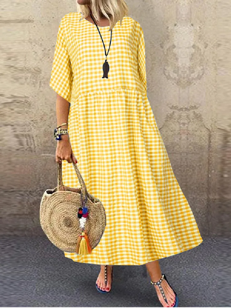 ZANZEA Holiday A Line Long Dress 2024  Summer Bohemian Maxi Dress Women Elegant Plaid Check Printed Robe Fashion Dress Oversize