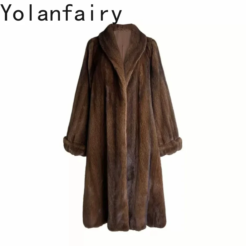 YOLANFAIRY Premium Grade Velvet Mink Real Fur Coat Women Winter Natural Whole Mink Fur Jacket Elegant Over Knee Mid Length 110cm