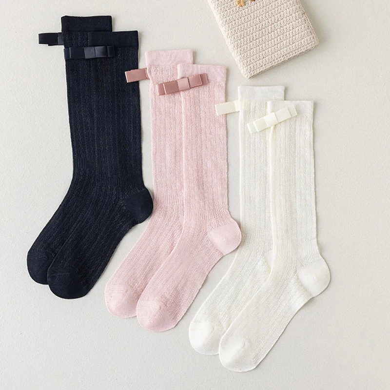 Girls Bow Stockings Summer Mesh Socks Thin Breathable Children Cotton Sock Black White JK Dress Calf Sock 3-12Year Kids Footwear