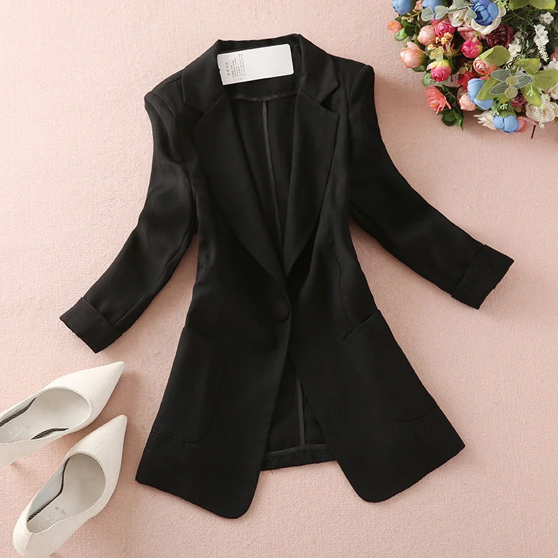 Women\'s Cotton Linen Blazers New Summer Clothes Slim Single Button 3/4 Sleeves Thin Suit Coat Female Outerwear Casual Tops 3XL