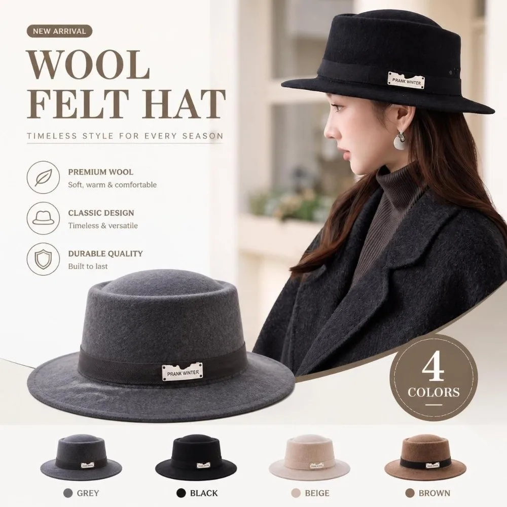 Wool Felt Flat-Top Fedora Hat Structured Crown Flat Top French Fedora Hat Elegant Vintage Style Face-Flattering Shape