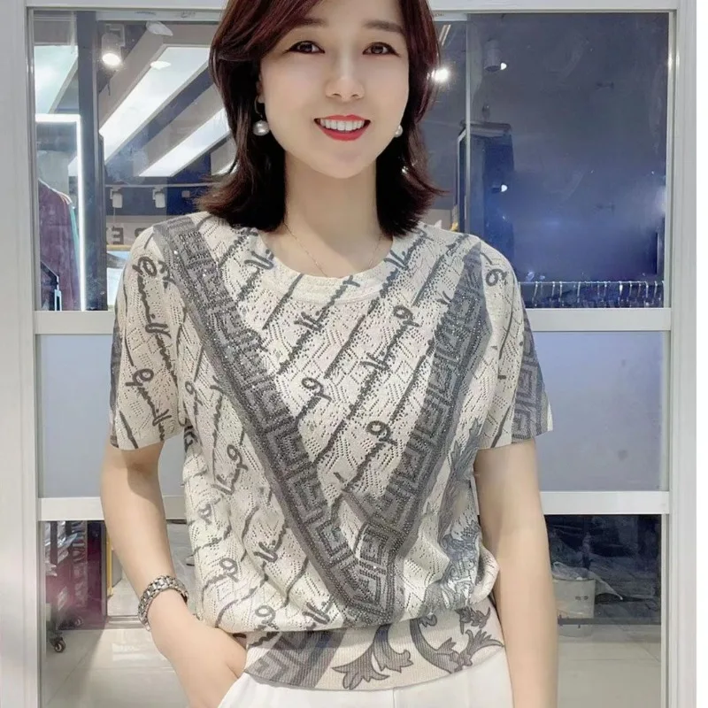 Women Summer Fashion Diamonds Loose Large Size Appear Thin Short Sleeve T-Shirt Ladies Simplicity Office Lady All-match Tops
