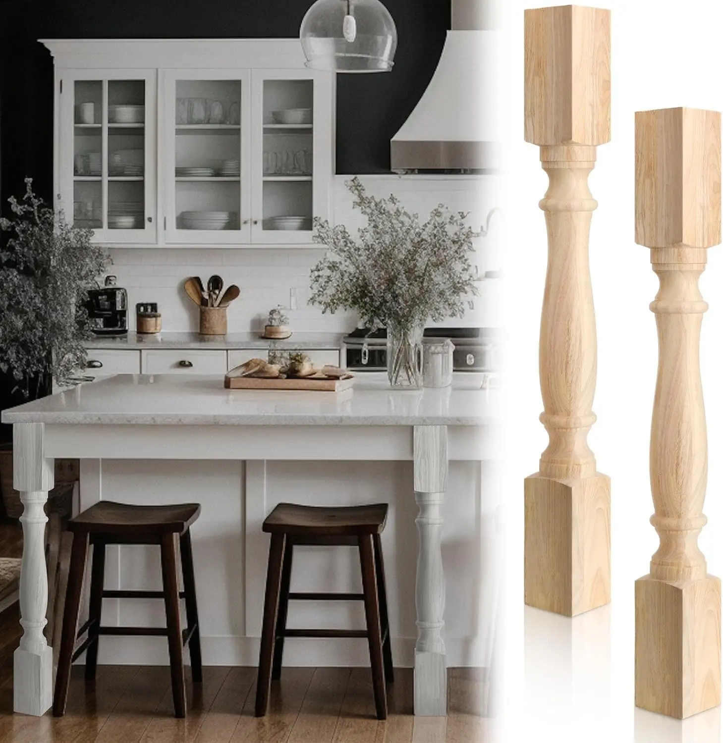 2 Pcs Unfinished Kitchen Island Legs, Solid Wood Table Legs, Farmhouse Cabinet Column Replacement (35.4" H X 3.7" W X 3.7" D)