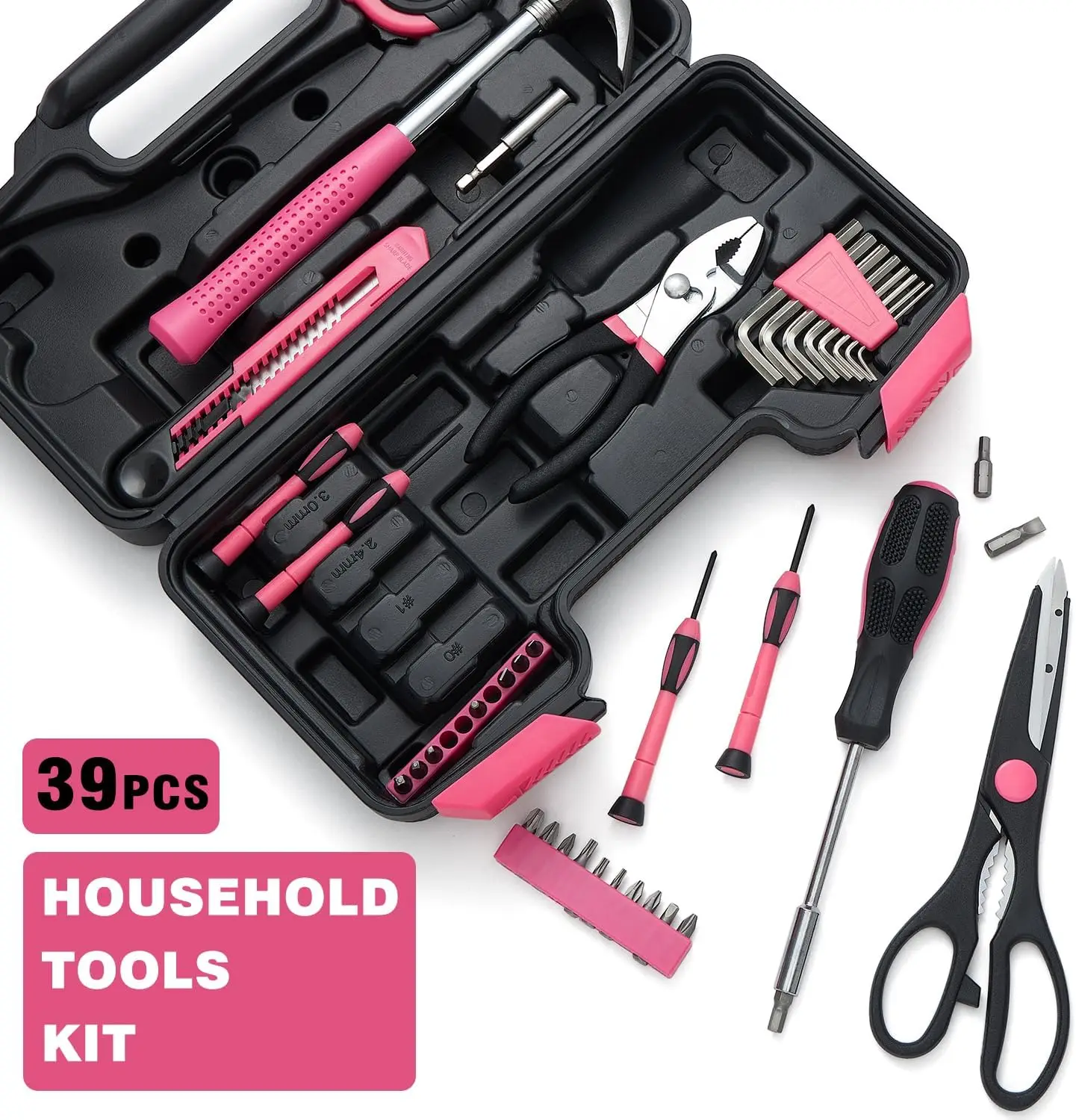 39Pcs Household Repair Tool Kit Multipurpose Pink Home Hand Tool Set with Storage Case Durable Hammer and Screwdriver Set