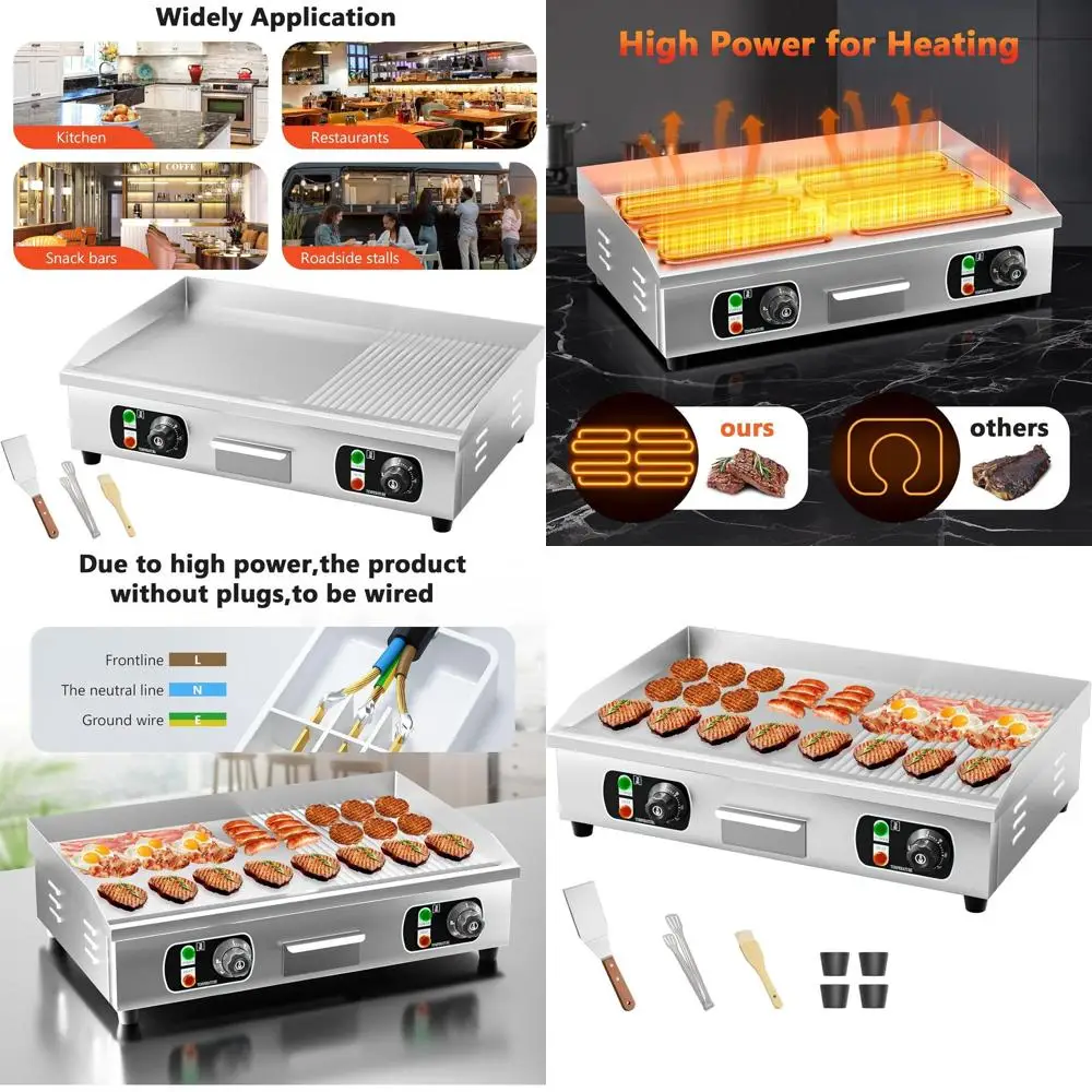

110V 3000W Stainless Steel Countertop Griddle, Adjustable Temp 122-572°F, Commercial Electric Flat Top Grill for Restaurants