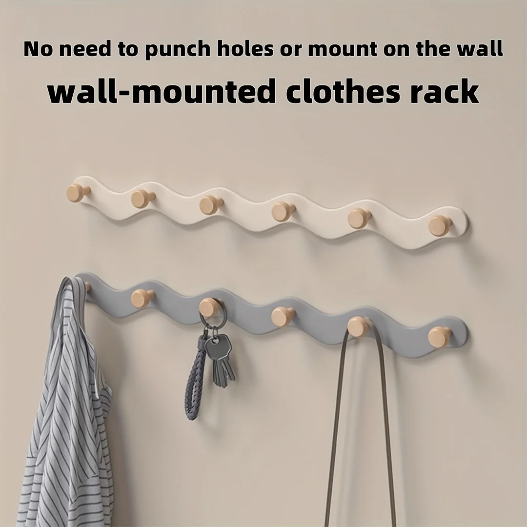 1pc Perforated Wall Mounted Hook Rack Space Saving Durable Wooden Wave Shaped Storage Rack Suitable For Clothes Towels And Keys