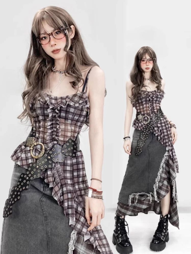 

American Vintage Tanks Sleeveless Plaid Ruffles Patchwork Camis Gauze Irregular Tops Y2k Spicy Girl Streetwear Women's Clothing