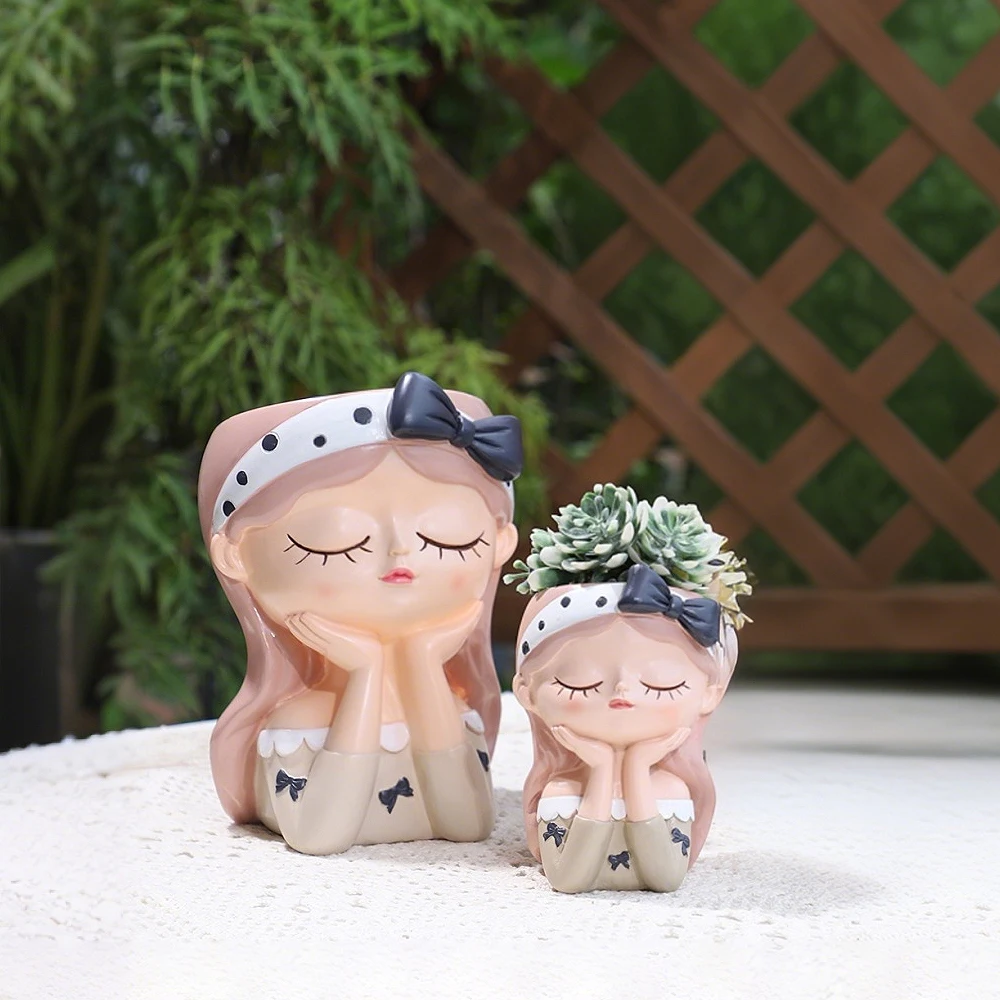 Cute Girl Small Plant Pot Resin Succulent Planter for Home Office Desk Mini Ornament Fairy Garden Flowerpot Decoration - view 2