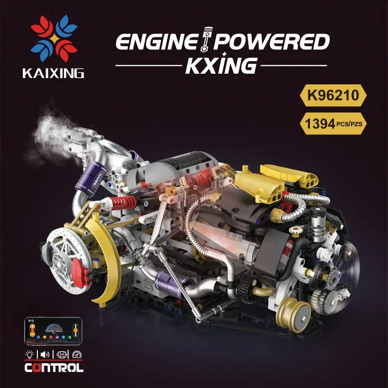 1394Pcs Motorized V8 Engine Model Building Set with LED Light Technical Car Part Assembly Brick Toys for Kids Teens Adults Gift