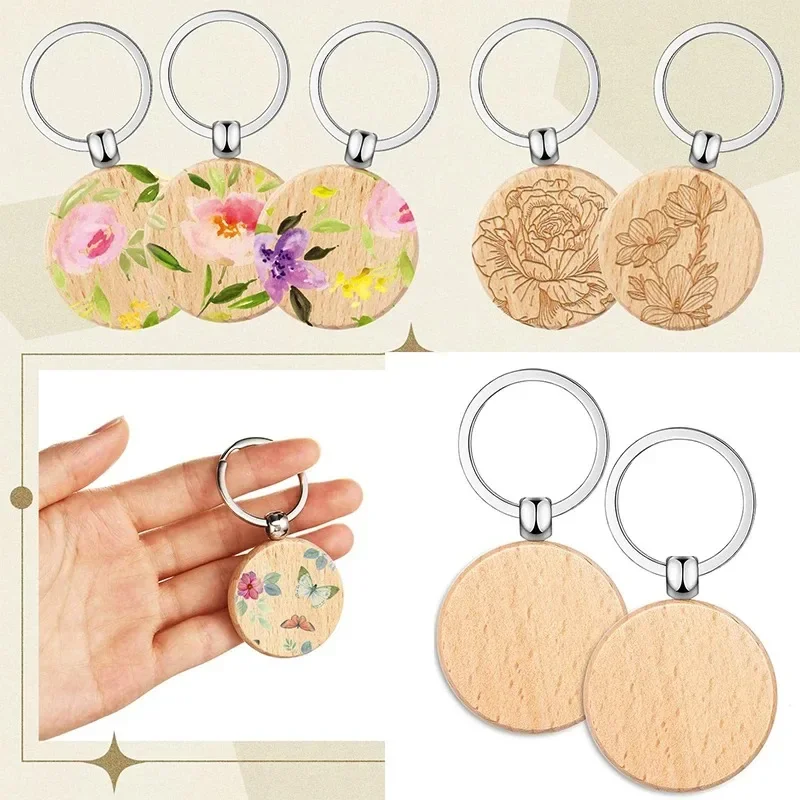 100Pcs Round Wooden Key Ring Portable Beech Keychain