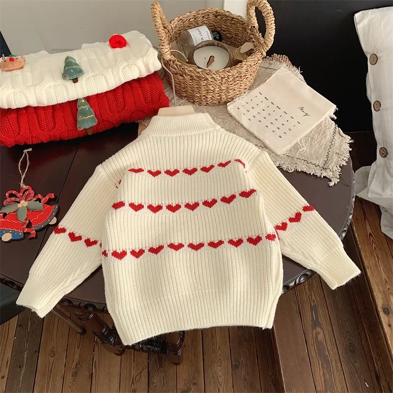 Autumn Winter 2024 Children Girl Sweater Love Bow Thicken Warm Knitted Baby Girl Pullover Solid Long Sleeve Toddler Girl Sweater