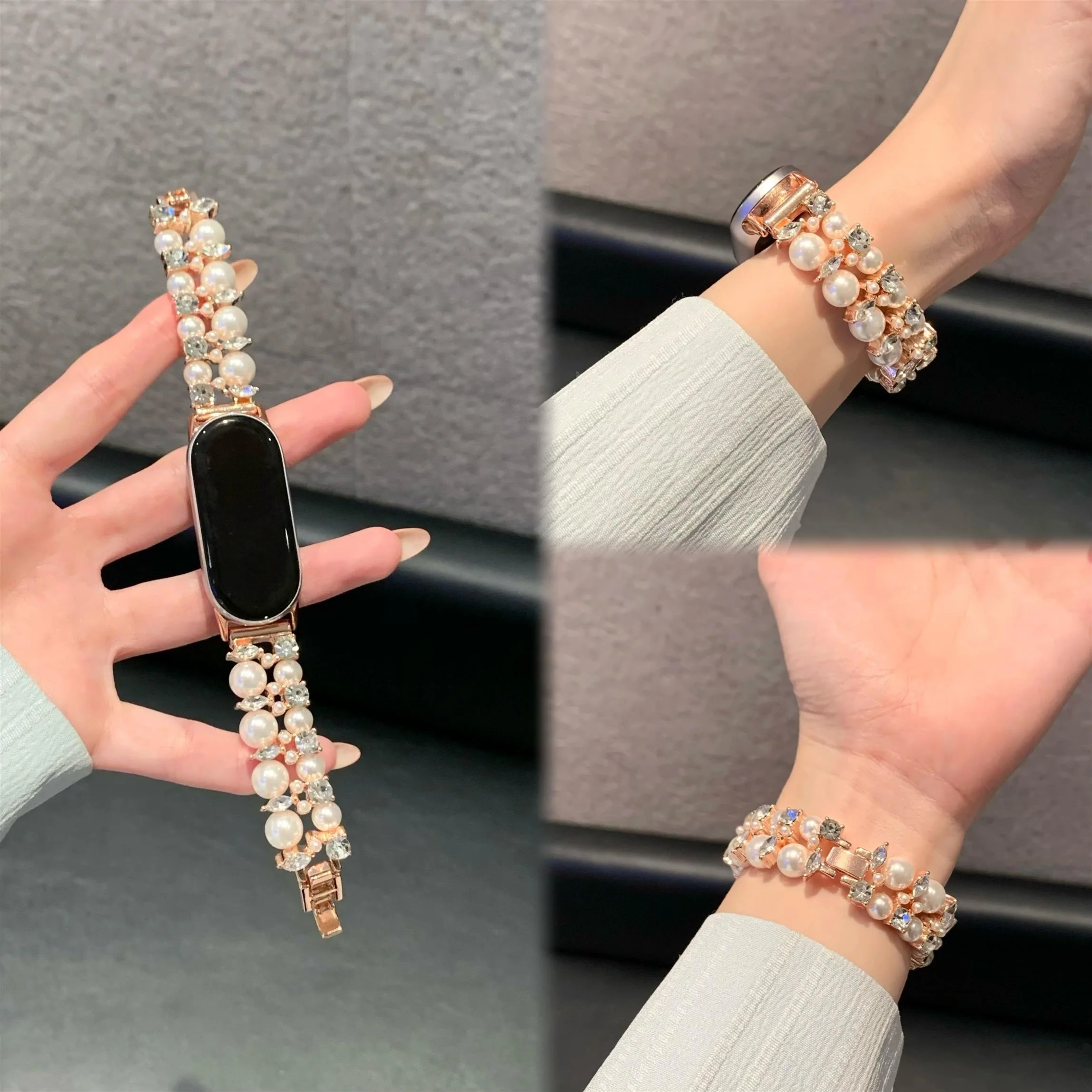 حزام ماسي مرصع باللؤلؤ بصف مزدوج مناسب لـ Xiaomi Band 8Pro/9Pro، لـ Mi band 3/4/5/6/7,8/8NFC/9/9NFC/10/10NFC، لـ Redmi Wat #5