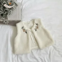 Newborn Baby Girl Fleece Flower Vest Winter Infant Toddler Child Embroidery Jacket Warm Thick Floral Cardigan Baby Clothes 3M-2Y