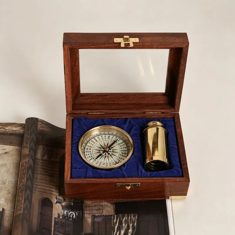 Vintage Brass Nautical Compass & Telescope Set Wooden Box Retro Maritime Decor Ornament Collectible Gift