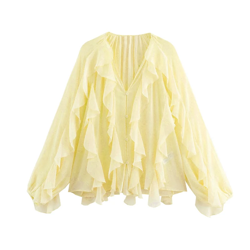 

Summer Fairy Yellow Blouse for Women New in Ruffles Layered Pastel Color Shirts Unusual V-neck Long Sleeves Casual Holiday Tops