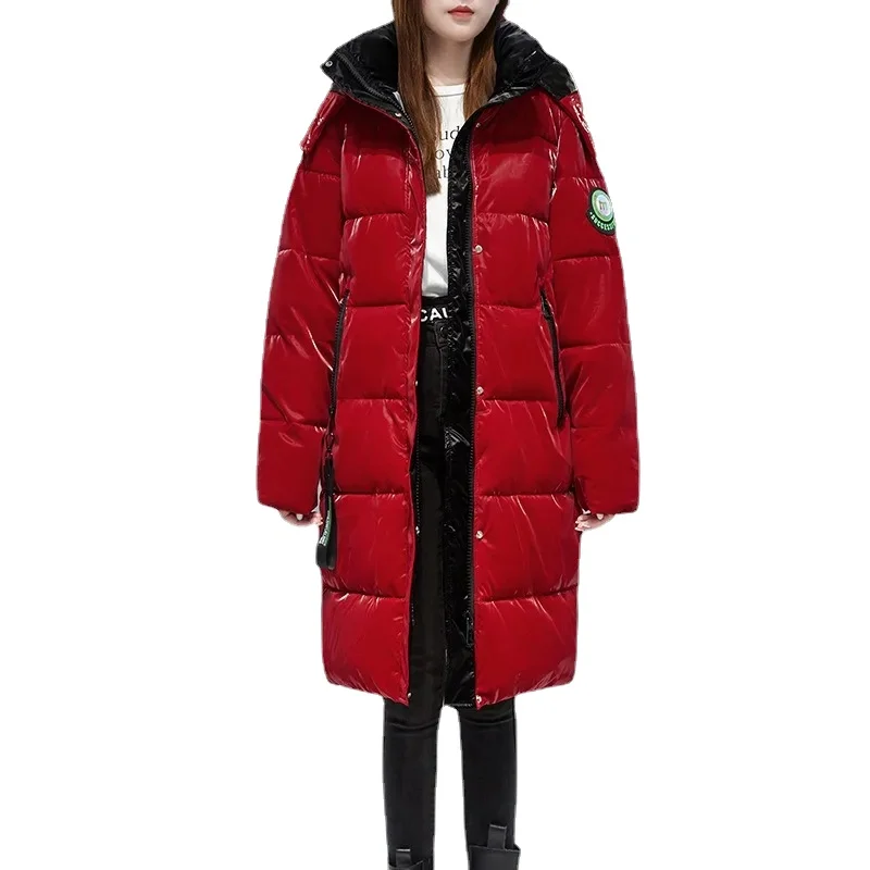 Jaqueta longa e brilhante acolchoada para puffer feminina, acolchoada, grossa, quente, casaco baixo, Parkas com capuz destacável com bolso, casual, inverno