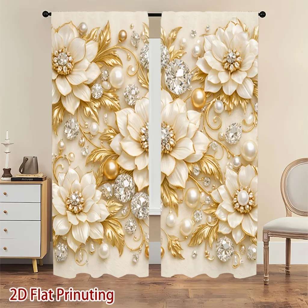 2PCS Digital Printed Curtains, White Gold Flowers Luxurious Elegant Floral, Window Drapes for Living Room Bedroom Home Decor
