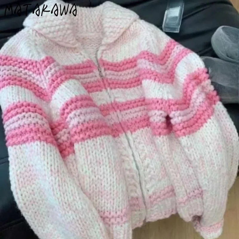 

Matakawa Pink Stripes Cardigans Thick Warm Sweet Autumn Winter Clothes Woman Sweaters Korean Fashion Chic Ropa De Mujer