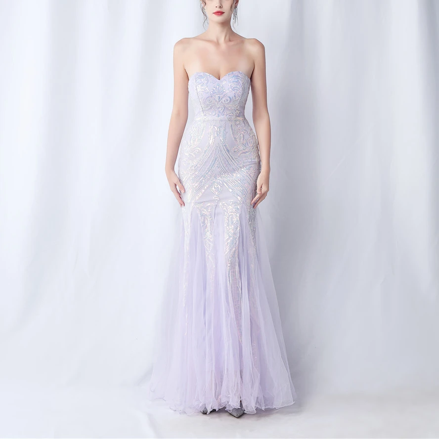 

New Fashion High Waist Slim Fishtail Elegant Party Long Dresses Woman Sexy Tube Top Sleeveless Backless Sequined Evening Dress