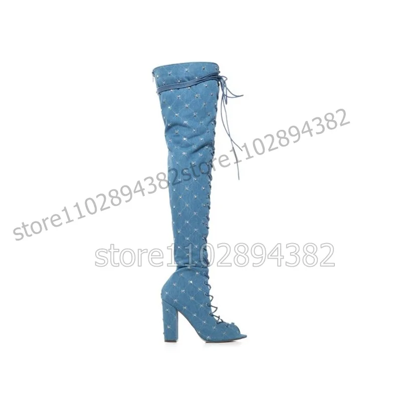 Blue Denim Crystal Decor Hollow Design Boots Cross Tied Women Shoes Chunky High Heels Peep Toe Runway 2023 Zapatos Para Mujere