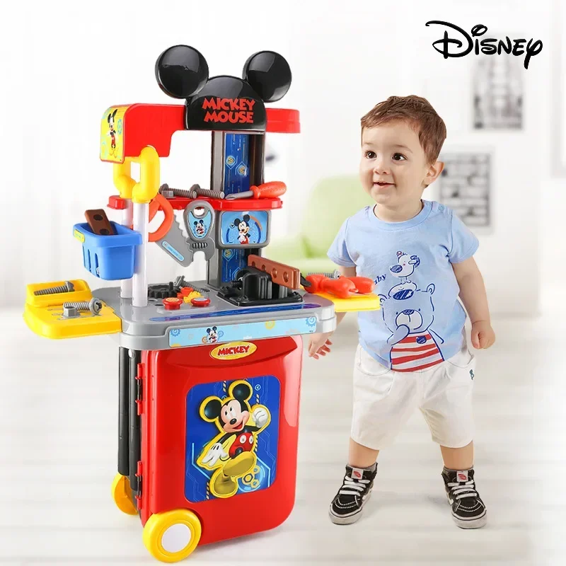 Disney-Mickey Mouse Trolley Case para crianças, caixa de ferramentas 3 em 1, conjunto de brinquedos, brinquedinhos, presente de aniversário para meninos