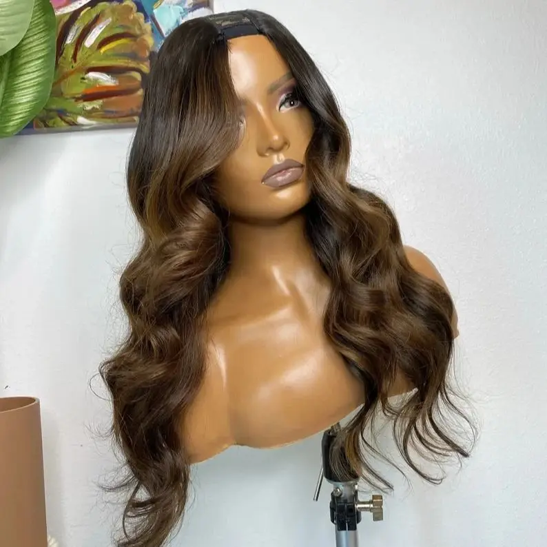 Perruques de cheveux humains sans colle avec clips ou peignes, 100% de densité, corps ondulé, 1x4, partie en U, extrémité complète, reflets légers et agaçants, brun, partie en V, 250%