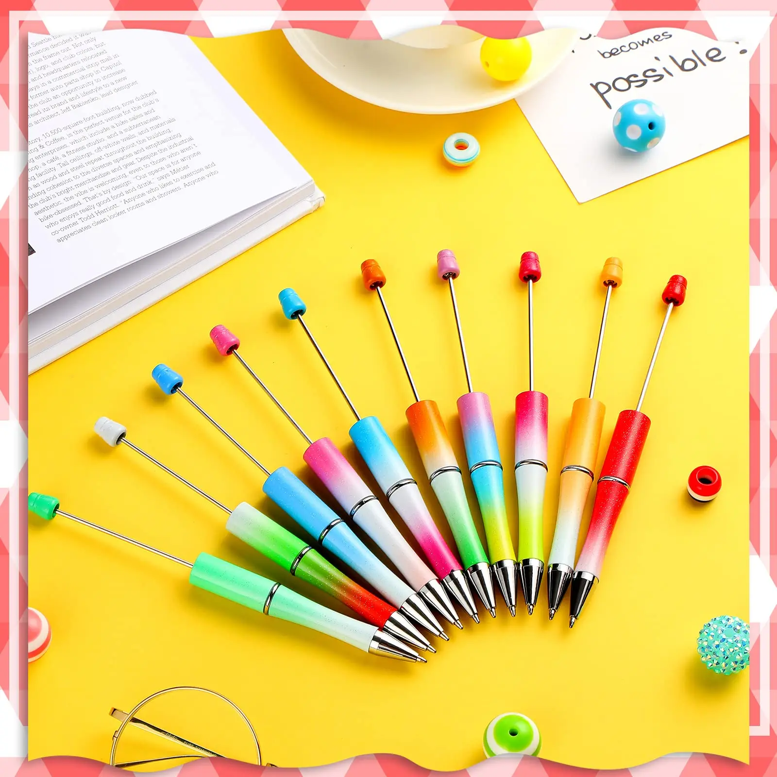 13Pcs Ballpoint Pen DIY Bead Pen Plastic Beadable School Office Writing Supplies Stationery Wedding Gift