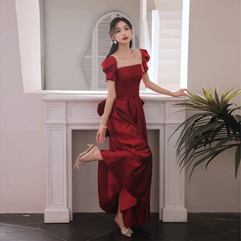 New Wine Red Evening Dresses Elegant Dress Women For Wedding Party Luxury Satin Square Neck Short Sleeve Back Bow Decorated