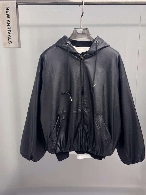 

Oule Select Мужское пальто из искусственной кожи с капюшоном Jaet Dstring, повседневное свободное длинное пальто на молнии све, осень-зима, новинка...