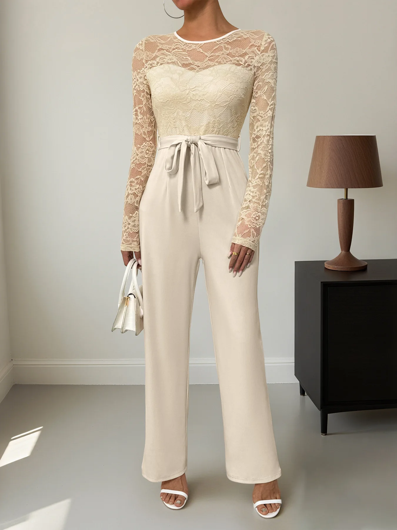 

Женский комбинезон с кружевными вставками, прямые брюки с высокой талией, модные повседневные брюки из полиэстера, весенний сезон