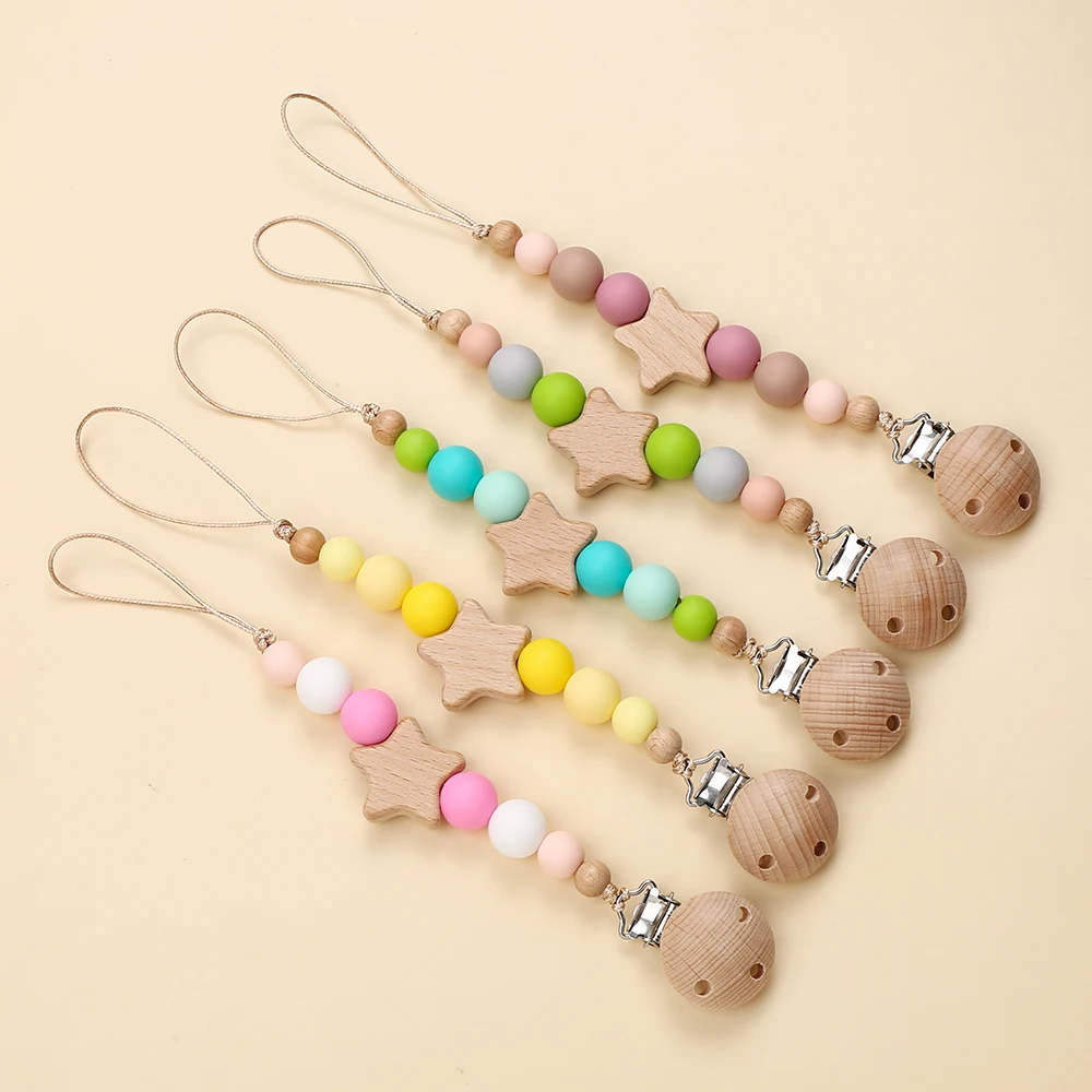 Baby Wooden Pentagram Pacifier Clip Chain Candy Color Nipples Chew Children Pacifier Clips Pacifier Teether Teething Toy Bracket