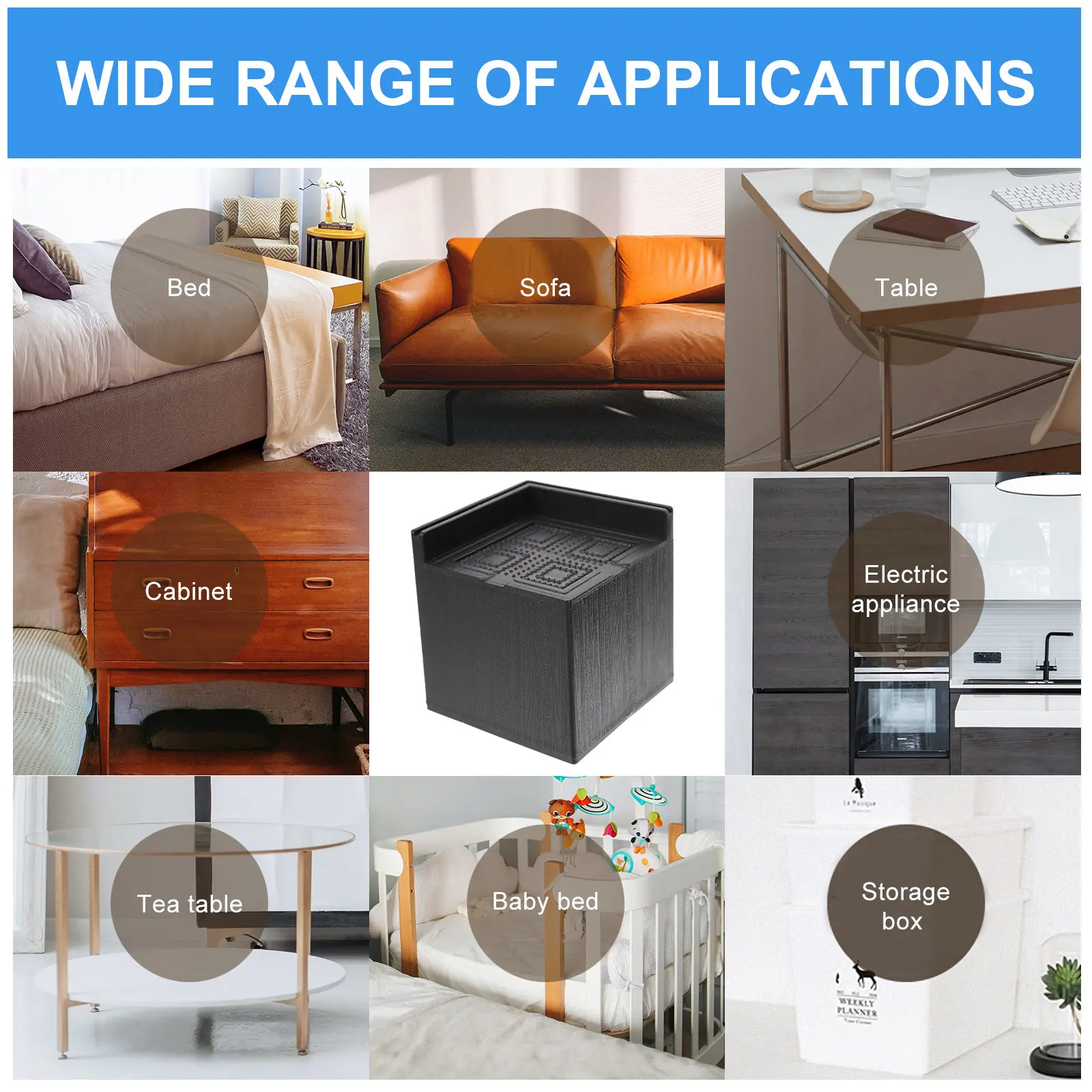 4Pcs Square Rubber Furniture Risers Bed Table Chair Padding Blocks Heavy Duty Anti Scratch Noise Reduction Foot Lifts