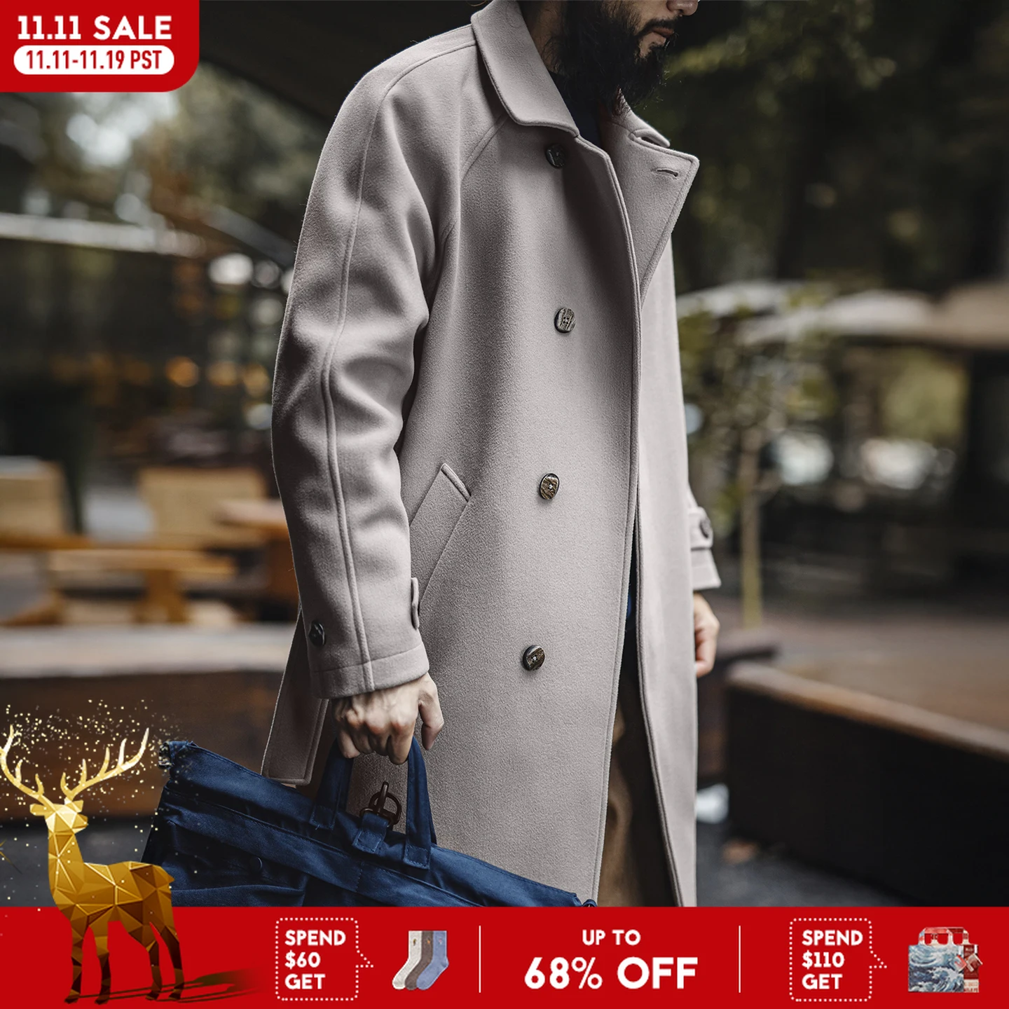 

Maden Vintage Grey Balmacaan Jacket Men's German-Style Windproof Overcoat Mid-Length Warm Trench Coat for Fall Winter Commute