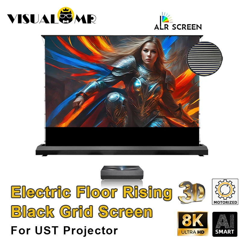 Hot Electric Floor Rising Black Grid ALR UST Projection Screen 150inch Tab Tension Ambient Light Rejecting for Short Projectors