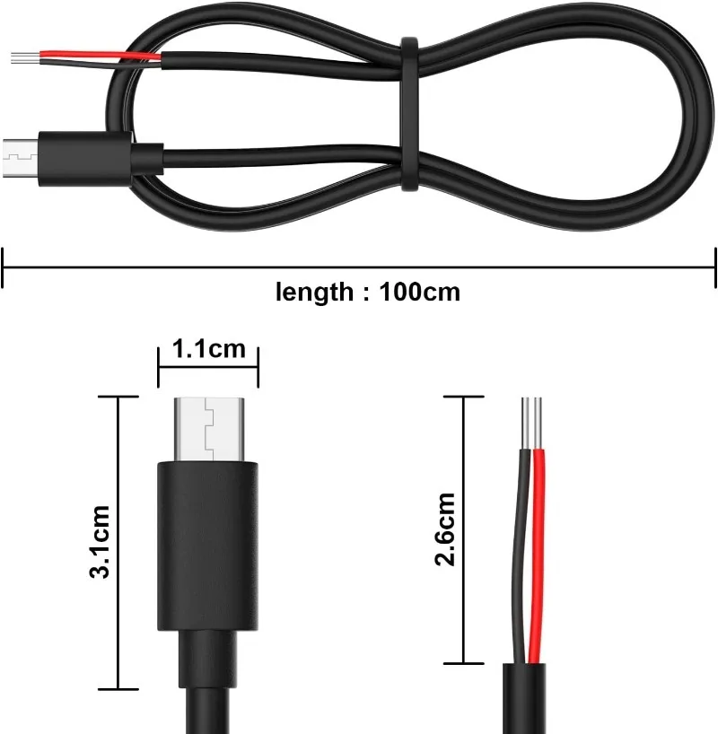 1-3PCS 5V 3A Singe USB C To 2 Pin Bare Wire Open End 24AWG USB Type C Male Pigtail Cable Cord DIY for USB C Equipment Installed