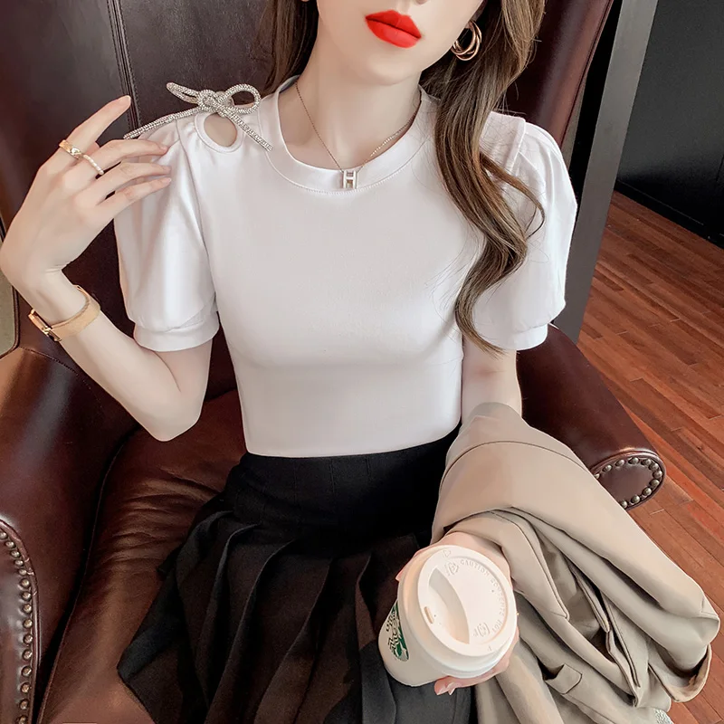 2023 New Summer European Clothes Cotton T-Shirt Women Chic Sexy O-Neck Hollow Out Bowknot Tops Short Sleeve All Match Tees 34295