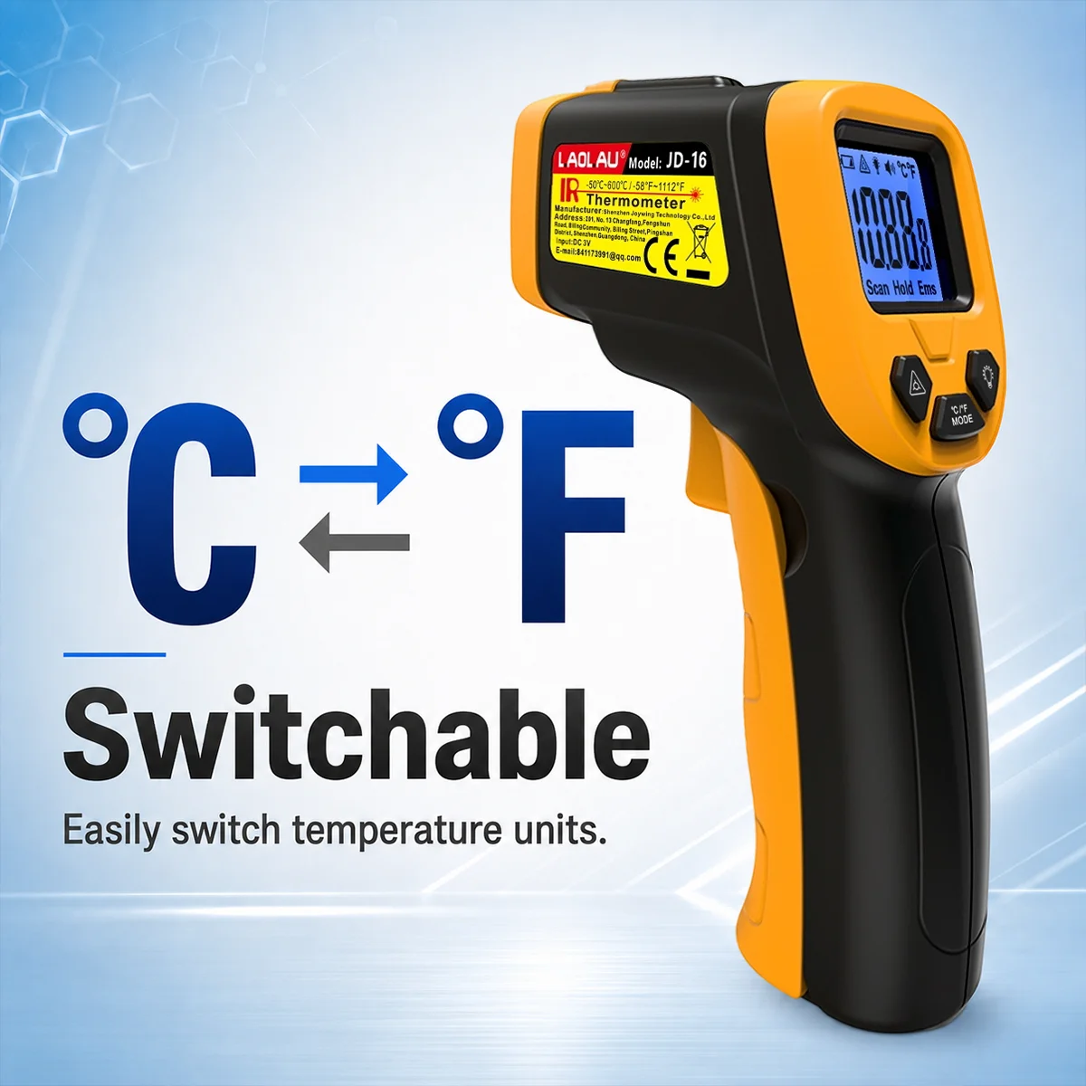 LAOLAU JD 16 Infrarot-Thermometer 600°C 1112°F Berührungsloses Laser-Temperaturmessgerät 0,5s 12 bis 1 Einstellbarer Emissionsgrad BBQ HVAC – Detail 9