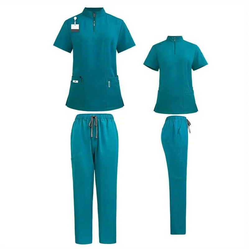 Men’s New 2-Piece Beauty Salon Work Uniform – Jogging Set Style with Zipper Stand Collar Scrub Top + Classic/Yoga Jogger Pants