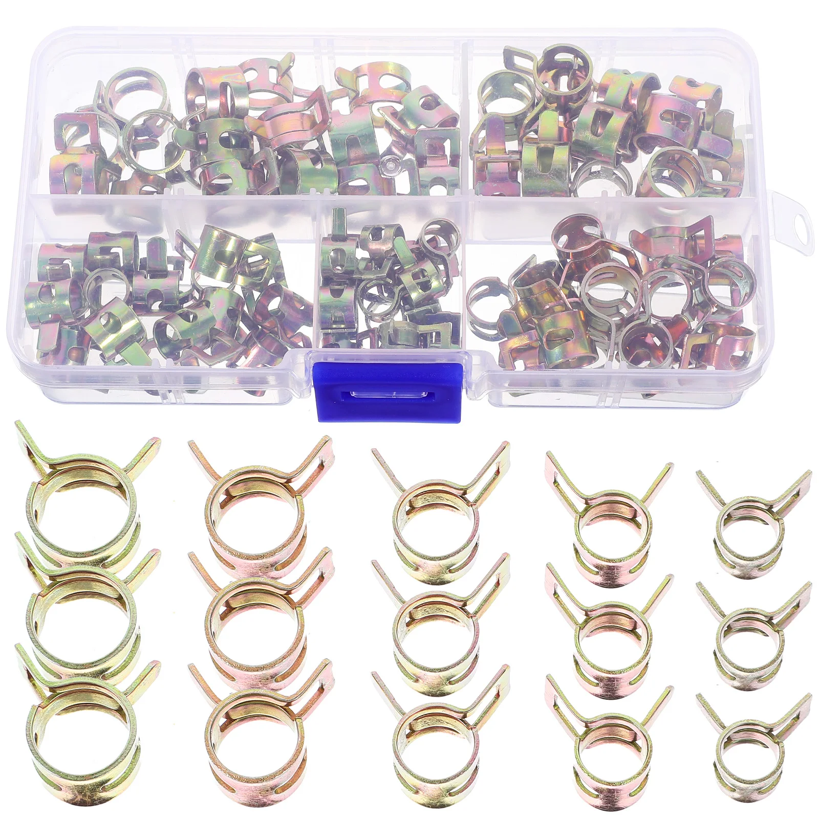 

75pcs Spring Hose Clamps Steel Adjustable Tube Clips for Automotive Fuel Line Silicone Vacuum Hose Storage Box