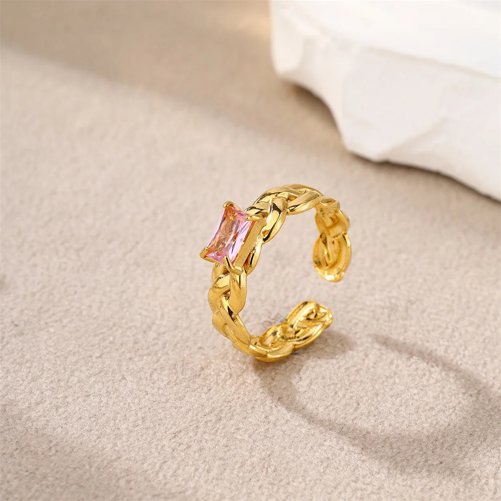 Nextvance Trendy Pink Cubic Zirconia Adjustable Ring for Women Gold Plated Stainless Steel Daily Statement Jewelry Wedding Gift